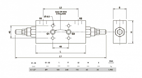 Клапан тормозной двухсторонний VBCD-G1/2-DE-FL (Китай).  3